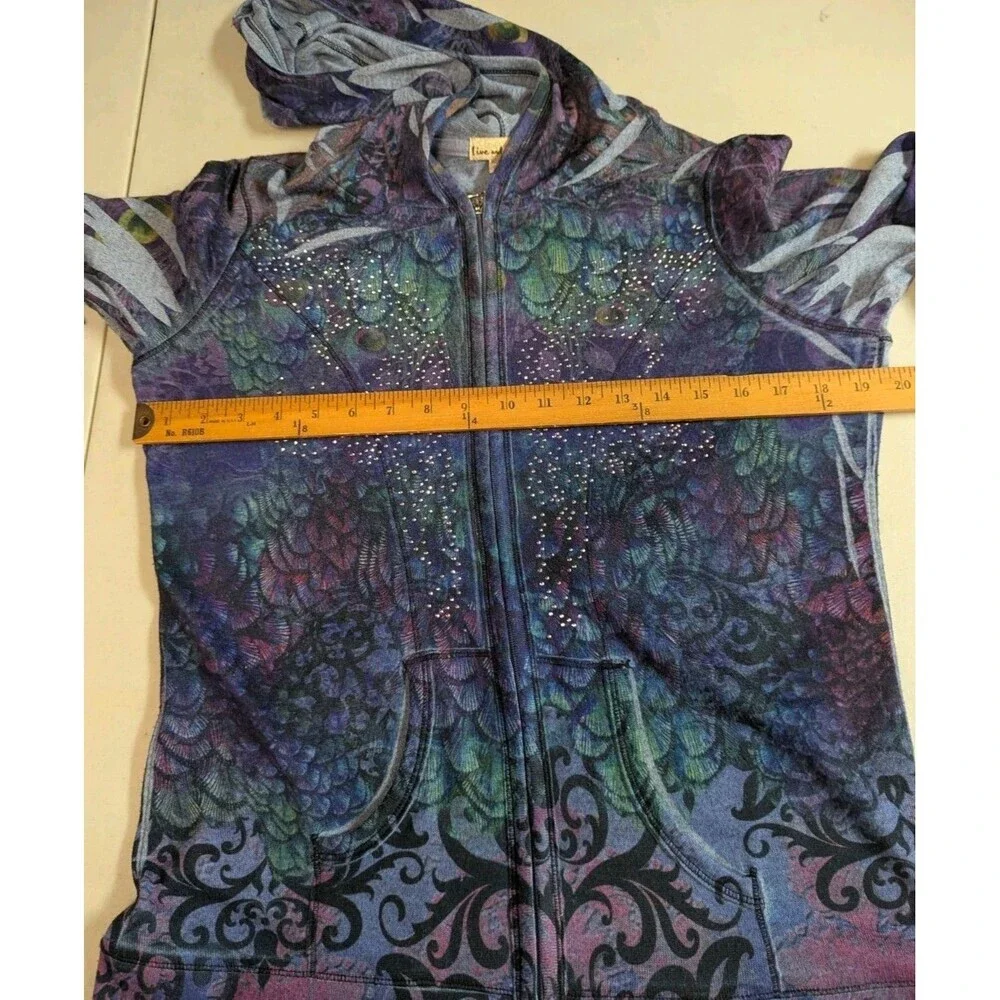 Live and Let Live Peacock Print Rhinestone Zip Up Hoodie Jacket Boho Large - Picture 5 of 14